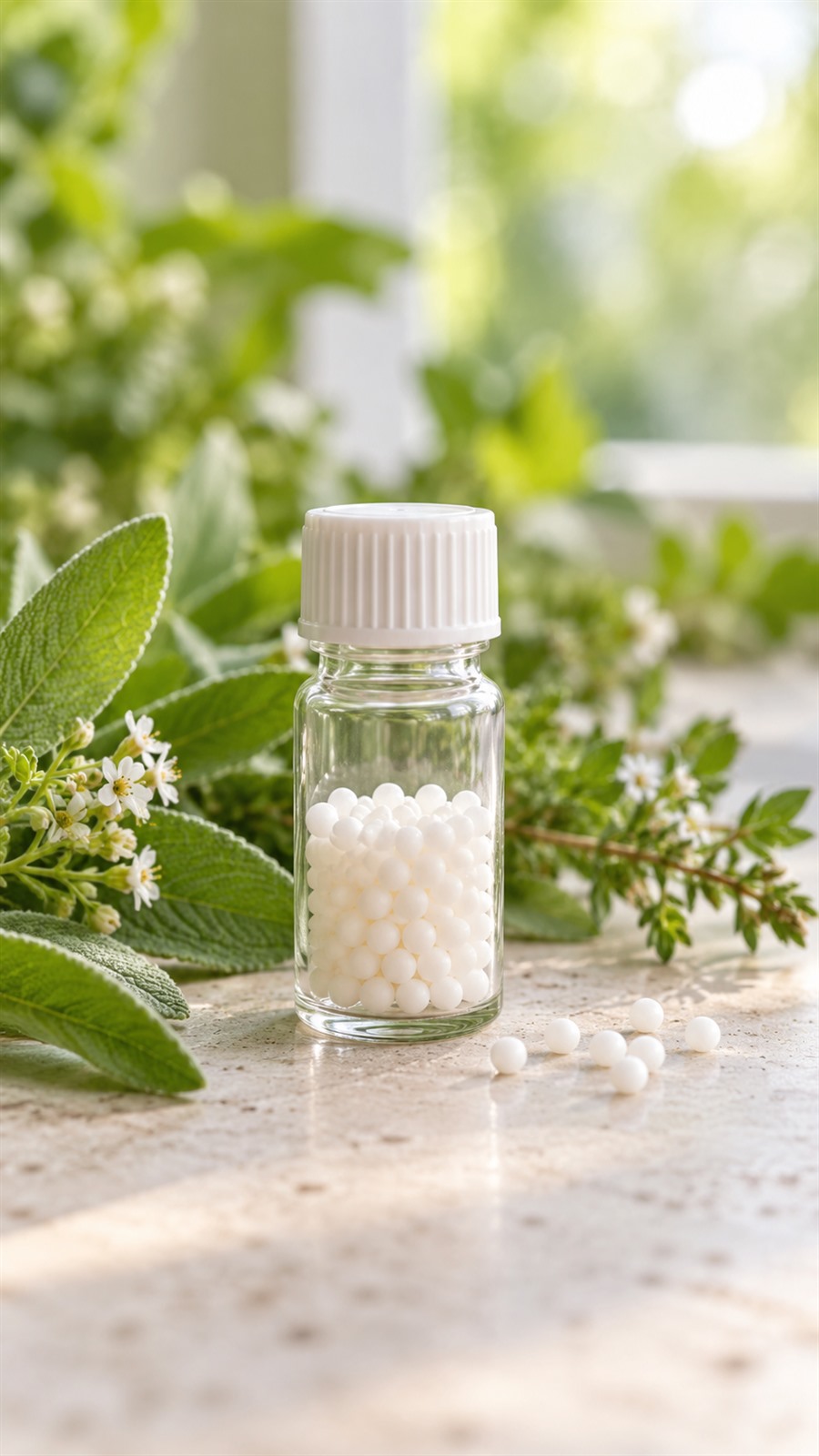 Doğal yeşil yapraklar önünde cam şişede beyaz homeopatik granüller