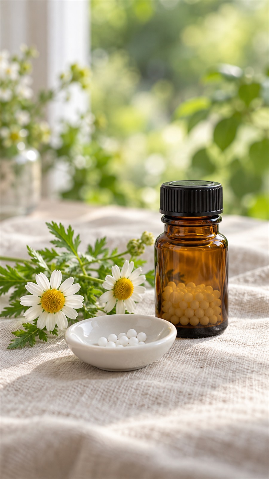 Yeşil tonlarda çiçekler, amber cam şişe ve homeopatik granüller