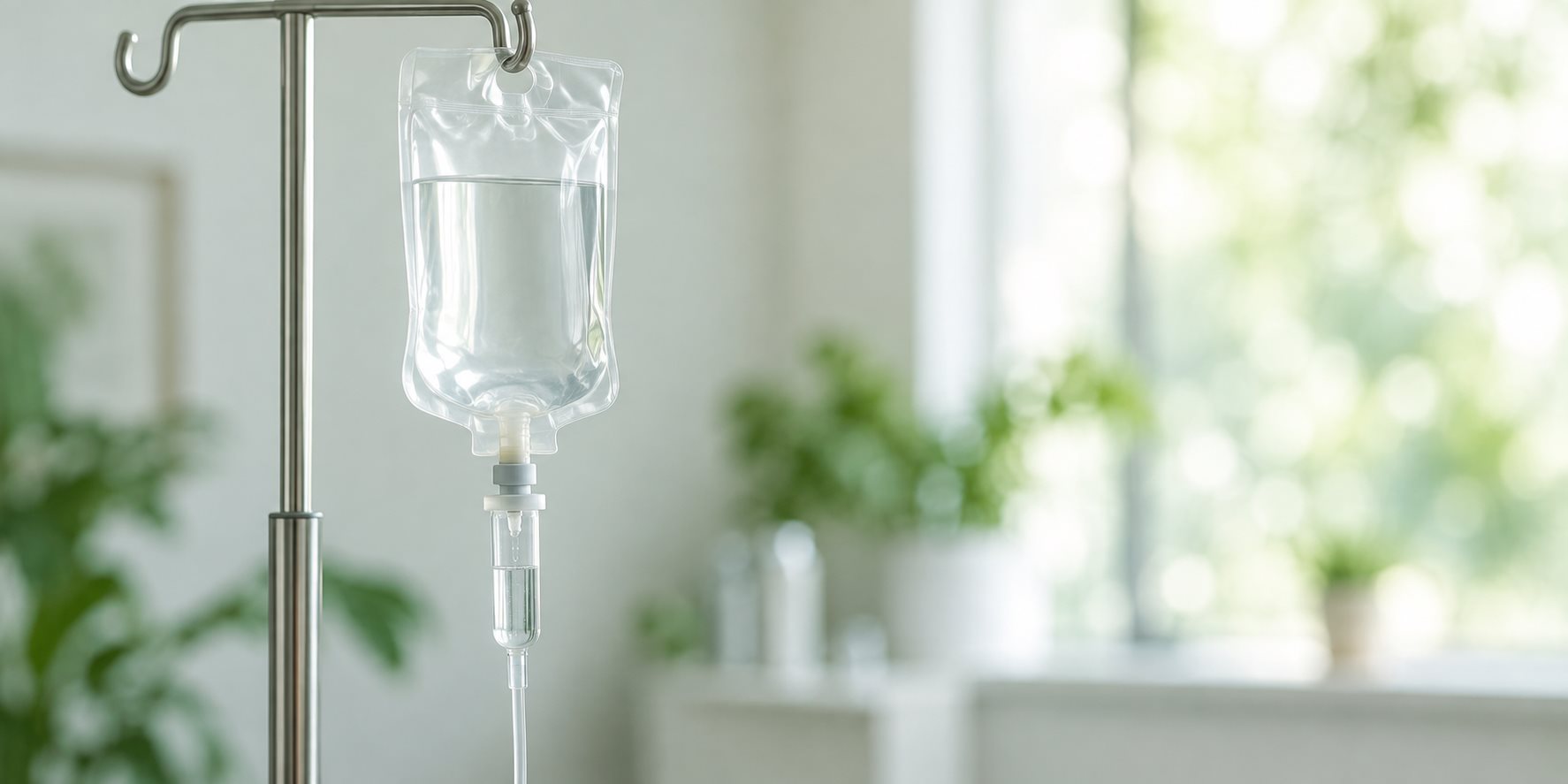 IV infüzyon torbası ve damlama haznesini gösteren temsili görsel